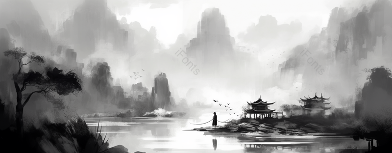 人站在江边水墨中国画背景壁纸抽象水墨山水风景画,插画/手绘图,插画/手绘图库,插画/手绘图下载,插画/手绘